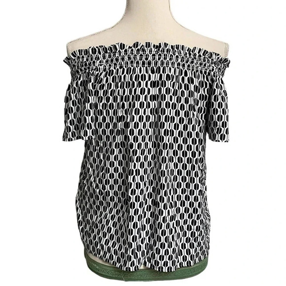 Kate Spade Off Shoulder Tassel Top Black White Abstract Print XXS Rayon - Picture 13 of 16